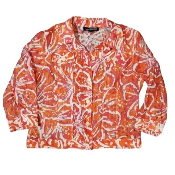 Linear Tropical Print Top Button Down Long Sleeve Sheer Blazer Size Md - Picture 9 of 9